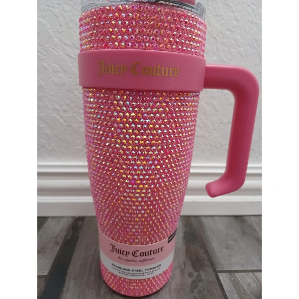 Juicy Couture PINK Rhinestone Stainless Steel Tumbler w/ Lid and Straw, 40oz